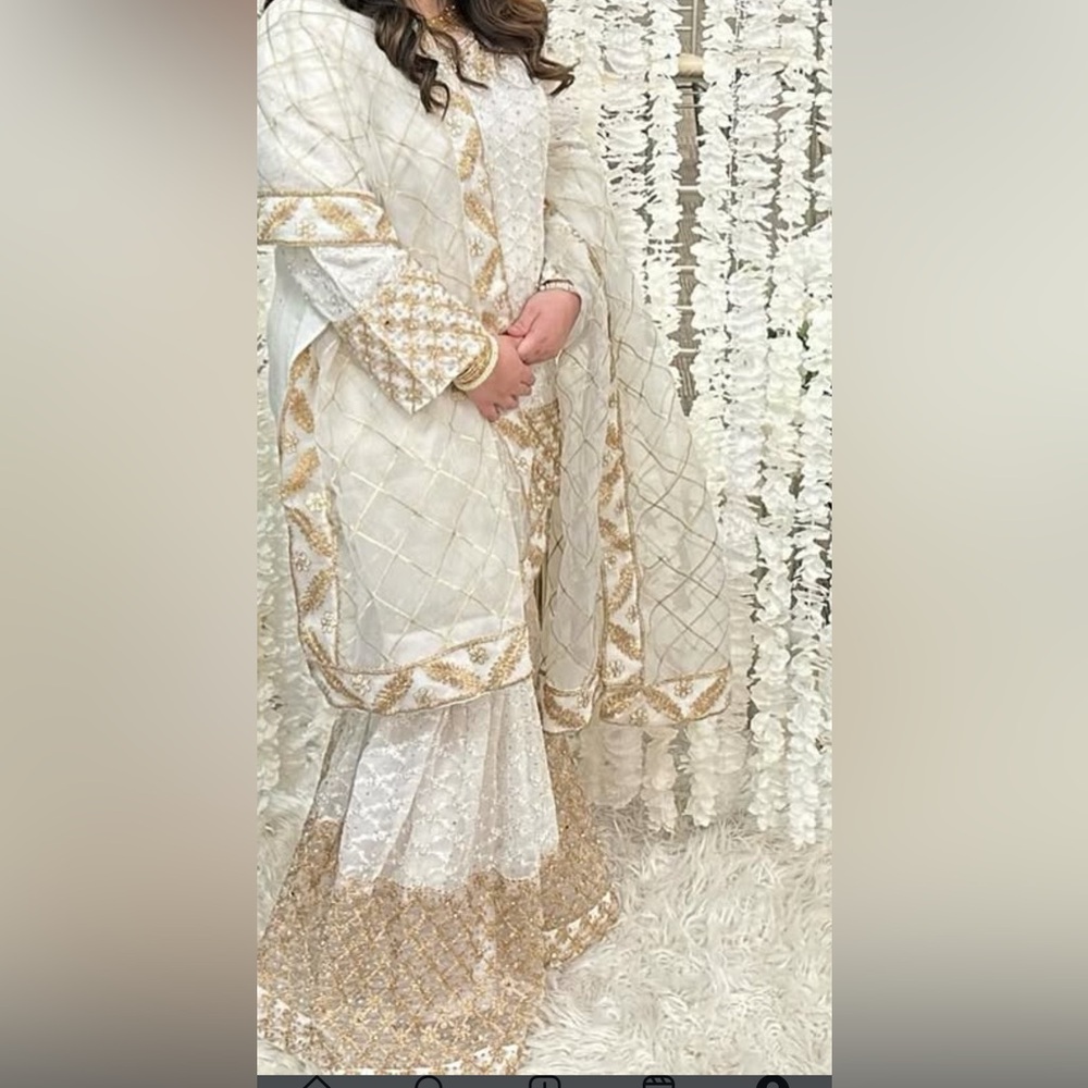 Pakistani White and Gold Embroidered Dress gharara